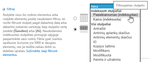 Programoje „SharePoint Online“ pasirinkite indeksuotą lauką