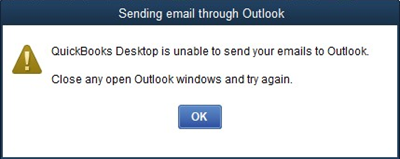 "Quickbooks" darbalaukio programoje "Outlook" nepavyksta išsiųsti el. laiškų