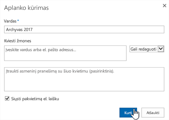 "SharePoint Online" klasikinio režimo bendrinimo dialogo langas