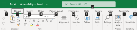 Juostelės skirtuko klavišų patarimai internetinėje "Excel".