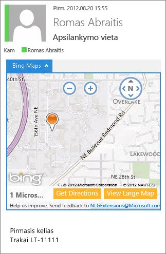 El. laiškas, kuriame „Bing“ žemėlapių taikomoji programa rodo adresą žemėlapyje