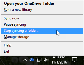 Ankstesnio „OneDrive for Business“ meniu su pasirinkta parinktimi Stabdyti sinchronizavimą ekrano vaizdas.