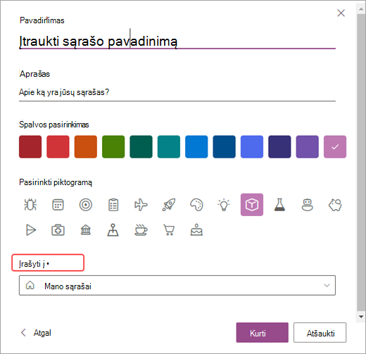 "SharePoint" sąrašų tinkinimo parinkčių ekrano nuotrauka.