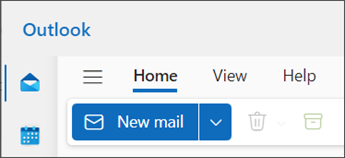 Naujas "Outlook", skirtos "Windows", vaizdas su mėlyna spalva paryškintu "naujas laiškas".