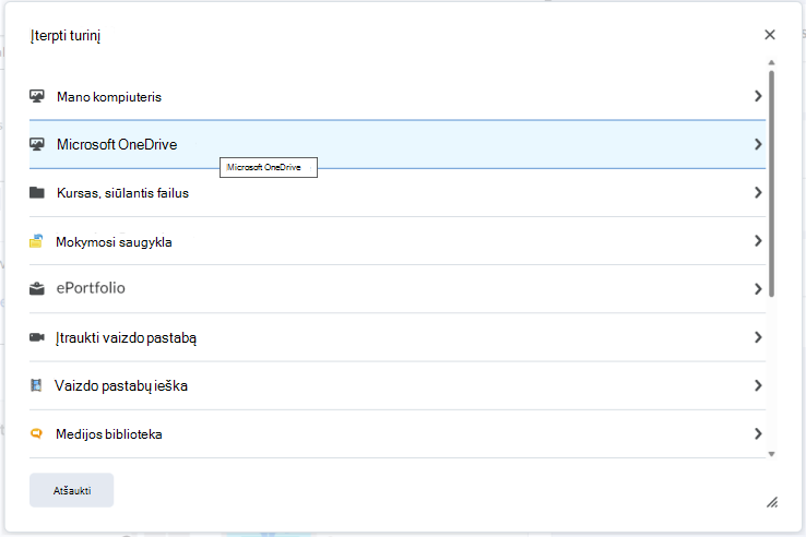 Įdėkite "OneDrive" failą į "Brightspace" rengyklę naudodami turinio įterpimo meniu.