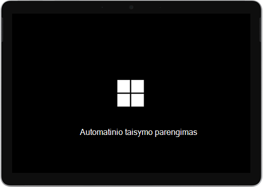 Juodas ekranas su "Windows" logotipu ir tekstu" "Automatinio taisymo paruošimas".