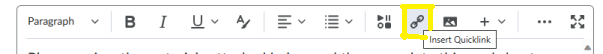 Įterpkite saitą į "OneDrive" failą "Brightspace" turinio rengyklėje naudodami sparčiojo saito įterpimo meniu.