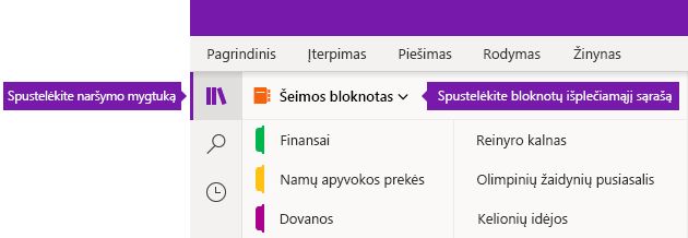 Bloknotų sąrašo išplėtimas „OneNote“, skirtoje „Windows 10“