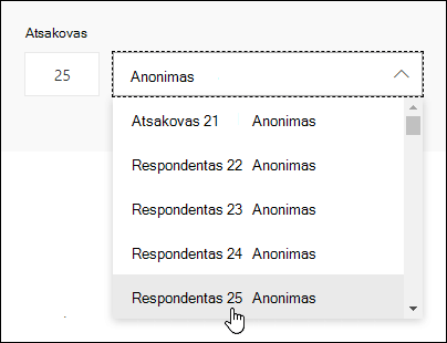 Respondento ieškos lauke įveskite konkretų numerį, kad pamatytumėte išsamią to asmens atsakymo informaciją Microsoft Forms