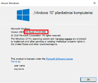 "Windows 10" versijos dialogo langas vaizdas