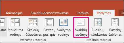 programos „PowerPoint“ juostelėje rodomas skaidrių ruošinio mygtukas