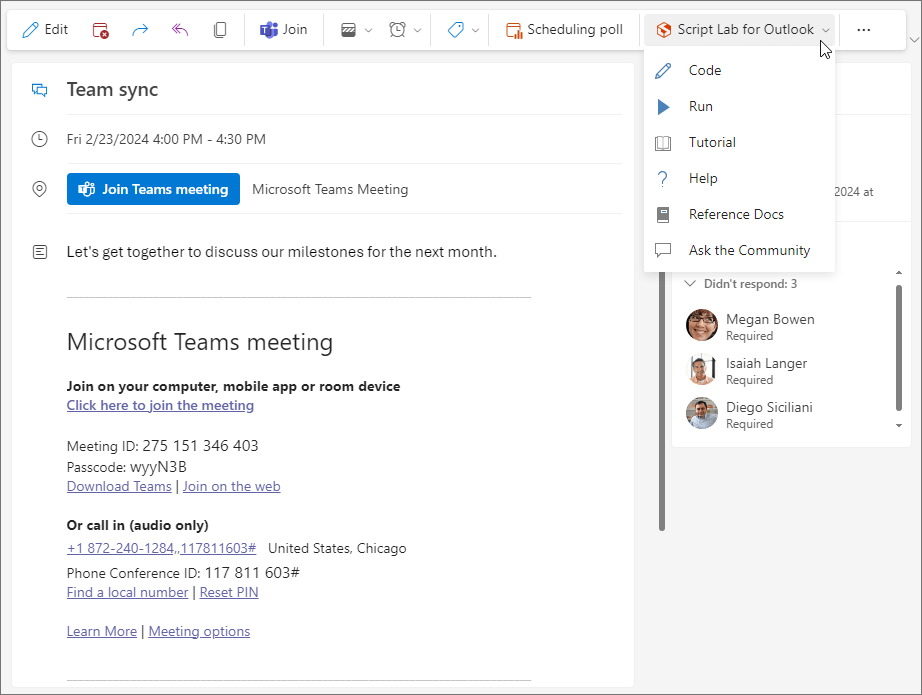 A sample add-in being used from a meeting in internetinė "Outlook" and in the new Outlook for Windows.