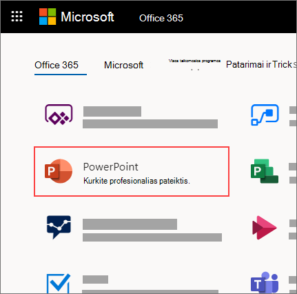 „Office 365“ pagrindinis puslapis su paryškinta „PowerPoint“ programa