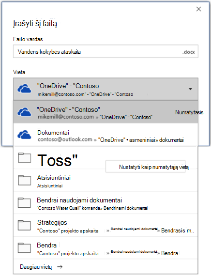 Ekrano kopija, kurioje rodoma, kaip nustatyti numatytąją vietą programoje "Word" įrašant naują failą
