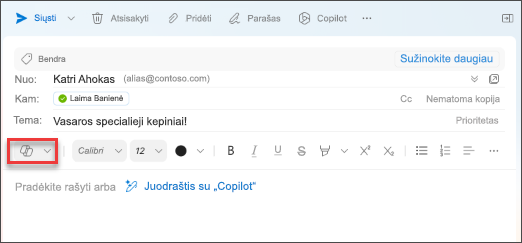 „Outlook“, skirtos „Mac“, meniu parinktis „Juodraštis naudojant „Copilot“.