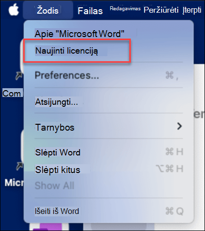 Mygtuko Naujinti licenciją vieta "Microsoft Word", skirtoje "MacOS".