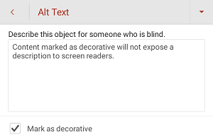 The Alt Text dialog box showing the Mark as decorative checkbox selected in "PowerPoint", skirtas "Android".