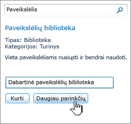 Kurti paveikslėlių bibliotekos dialogo langą su paryškintomis parinktimis