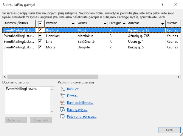 Mail Merge Recipients dialog box that shows the contents of a Excel spreadsheet used as a data source for a mailing list