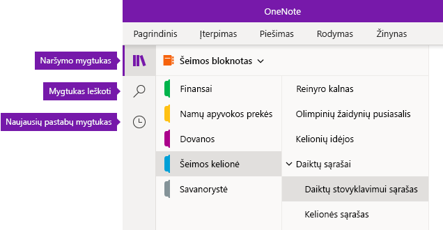 Naršymo juosta „OneNote“, skirtoje „Windows 10“