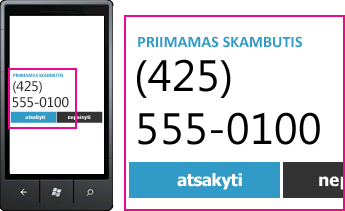 Ekrano nuotrauka, kurioje rodomas gaunamo skambučio telefono numeris ir atsiliepimo mygtukas programoje „Lync“ mobiliesiems klientams
