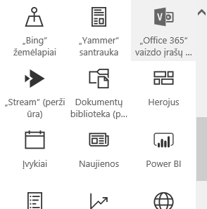 „Office 365“ vaizdo įrašų portalo meniu mygtuko programoje „SharePoint“ ekrano kopija.