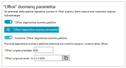 Diagnostikos duomenų peržiūros programos parametrų dalies "Office" duomenų parametrai" ekrano nuotrauka