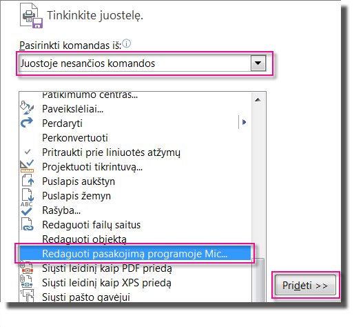 Mygtuko Redaguoti pasakojimą programoje Microsoft Word įtraukimas į programos „Publisher“ sparčiosios paleisties įrankių juostą.