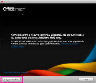 Office for Mac Activate by phone screenshot