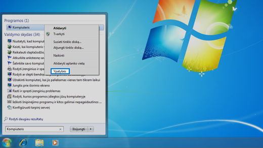 Operacinės sistemos „Windows 7“ valdymo skydas.