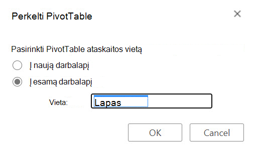 Dialogo langas "PivotTable" perkėlimas internetinėje "Excel".