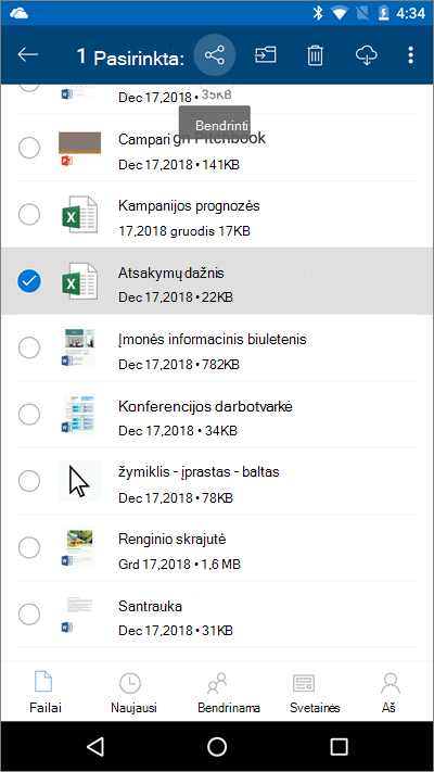 „OneDrive“ mobiliųjų įrenginių programėlės su pasirinktu failu ir paryškinta nusiuntimo piktograma ekrano nuotrauka