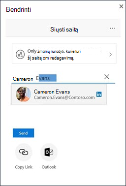 Bendrinimo dialogo langas „OneDrive“ su siūlomu „LinkedIn“ kontaktu