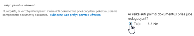 Parametrų dialogo langas su paryškinta taip dalyje Reikalauti, kad dokumentai būtų paimti ir užrakinti, kad būtų galima redaguoti