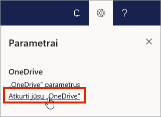 "OneDrive" verslui parametrų meniu internete su pažymėta parinktimi Atkurti
