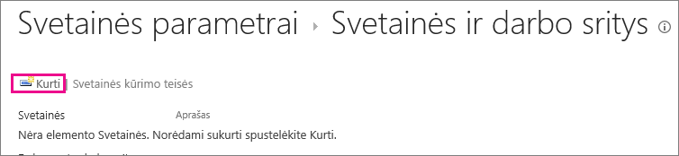 Svetainės kūrimo saitas dialogo lange Svetainės ir darbo vietos