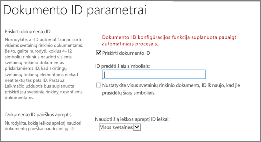 Dokumentų ID priskyrimas dokumento ID parametrų puslapyje