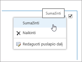 Puslapio dalies meniu su paryškinta minimizavimo parinktimi