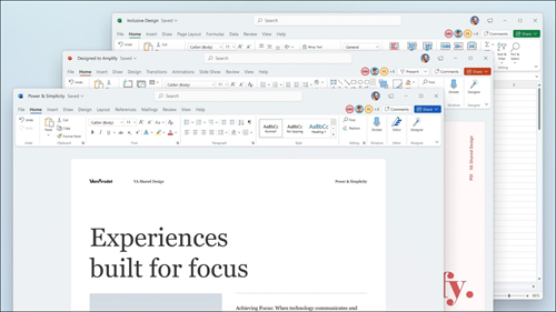 Word, "Excel" ir "PowerPoint" rodomi su vaizdinių naujinimų juostelėje ir suapvalintais kampais, kad atitiktų Windows 11 vartotojo sąsają.