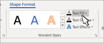 "WordArt" stilių teksto užpildo mygtukas paryškintas