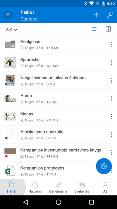 „OneDrive“ mobiliųjų įrenginių programėlės su paryškintu failų mygtuku ekrano nuotrauka