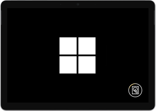 Juodas ekranas su "Windows" logotipu ir ekrano talpyklos piktograma.