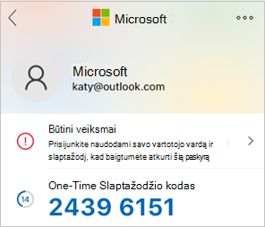 Ekrano nuotrauka, kurioje rodomas vienkartinio "Microsoft Authenticator" slaptažodžio kodas.
