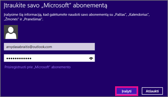 „Windows 8“ pašto programėlės puslapis Įtraukite „Microsoft“ abonementą