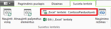 Susietoji juostelė, nurodanti „Excel“ lentelę