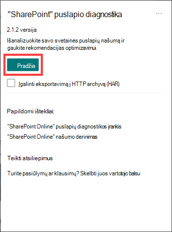 Page diagnostics for SharePoint extension with the start button highlighted