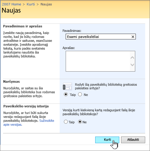 Paveikslėlių bibliotekos pavadinimo, aprašo, naršymo ir versijų kūrimo užpildymas