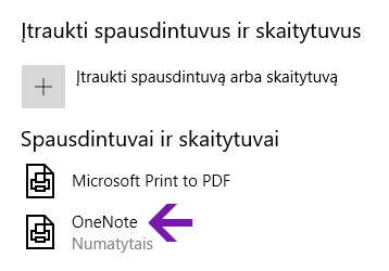 Bloknoto vietos pasirinkimo meniu naudojant „OneNote“, skirtą „Windows 10“