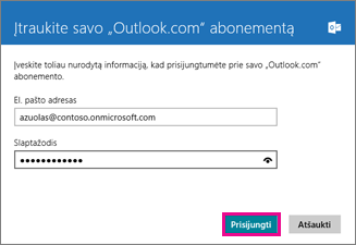 „Windows 8“ pašto programėlės puslapis Įtraukite „Outlook“ abonementą