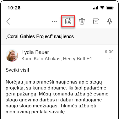 „Copilot“ suvestinės piktograma, skirta el. laiško gijai apibendrinti „iOS“ ir „Android“.